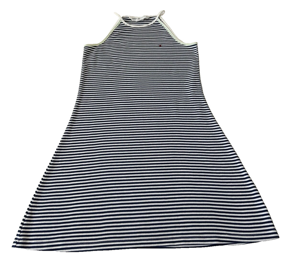Tommy Hilfiger Tank Dress Striped Stretch Sz L Blue/ White Logo Nautical Preppy